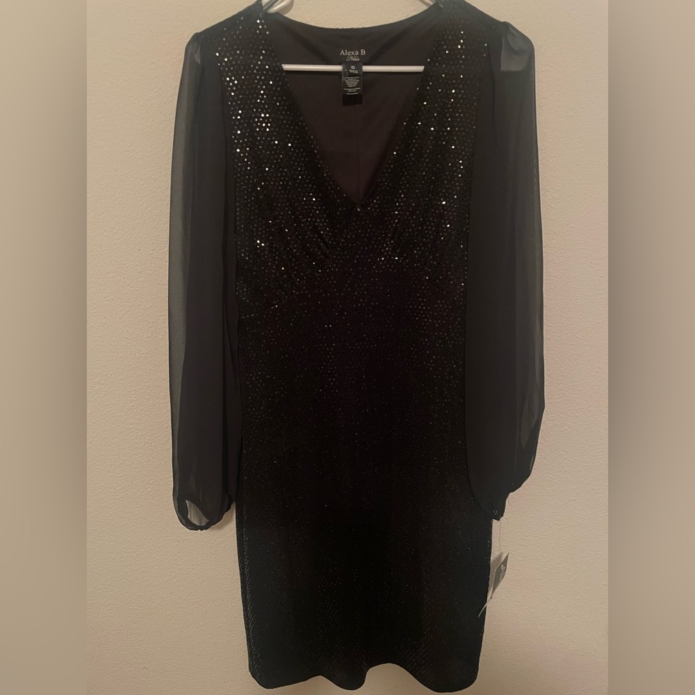 Alexa B Black Long Sleeve Sequin V-Neck Dress